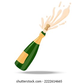 Botella de champán Explosión para celebración, vacaciones, aniversario. Vector aislado sobre fondo blanco. Frasco de vidrio verde con etiqueta que se golpea el corcho. Felicitaciones festivas. Bebida de alcohol