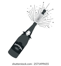 Champagne bottle explosion. Celebration concept. Hand drawn vector illustration. Alcohol drink splash with bubbles. Drinks illustration for bar and restaurant menu, poster, banner.
