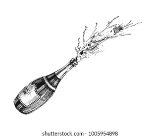 Champagne bottle explosion for Celebration poster, Hand Drawn Sketch Vector illustration.