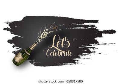 Champagne bottle explosion for Celebration poster, Hand Drawn Sketch Vector illustration.