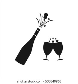 Champagne bottle explosion with cheering glasses symbol sign silhouette icon on background