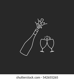 Champagne bottle explosion with cheering glasses symbol sign line icon on background