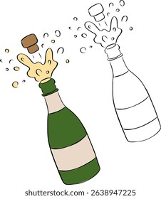 Champagne bottle explosion. Cheers. Celebration. Holiday toast. isolated on transparent background. Vector graphic line ink illustration. for package, holiday design, fabric and textile.
