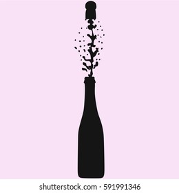 champagne bottle explosion with cork and splashes vector silhouette isolated