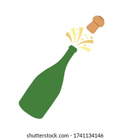 Champagne bottle explosion. Hand drawn vector illustration isolated on white. Alcohol drink cork splash with bubbles. Beverage background for bar and restaurant menu, poster banner Celebration concept