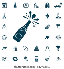 Champagne bottle explosion icon, wedding set on white background. Vector illustration