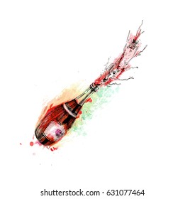 Champagne bottle explosion sign simple icon, Hand Drawn Sketch Vector illustration.