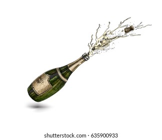 Champagne bottle explosion sign simple icon, Hand Drawn Sketch Vector illustration.