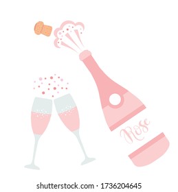 Champagne bottle explosion and two glasses. Hand drawn vector illustration isolated on white. Alcohol drink cork splash with bubbles. Beverage background for bar and restaurant menu, poster, banner 