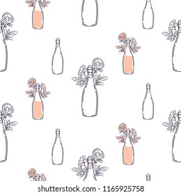 Champagne bottle with flowers line art isolated vector.