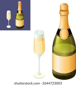 Champagne Bottle and Flute with Bubbles