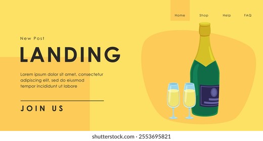 Champagne bottle and flutes vector illustration. Cartoon drawing of New Year symbols. Landing page template. New Year, winter, party, celebration concept