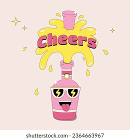 Champagne bottle with a flying cork in groove style. Cartoon isolated bottle with bright flowers for Happy Birthday, Christmas and New Year greetings, sparkling wine splashes