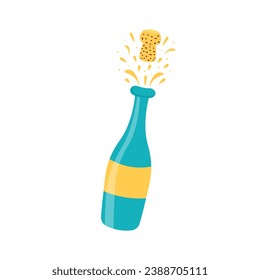 Champagne bottle with flying cork and splashes. Vector illustration isolated on white background.
