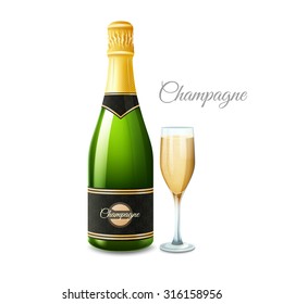 Champagne bottle and full glass realistic set with title isolated vector illustration 