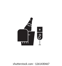 Champagne bottle and glass black vector concept icon. Champagne bottle and glass flat illustration, sign