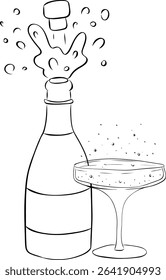 Champagne bottle with glass black and white composition isolated. Vector graphic line ink illustration. pop open with cork and drinking glass simple Design for package, cosmetic, textile, cards.
