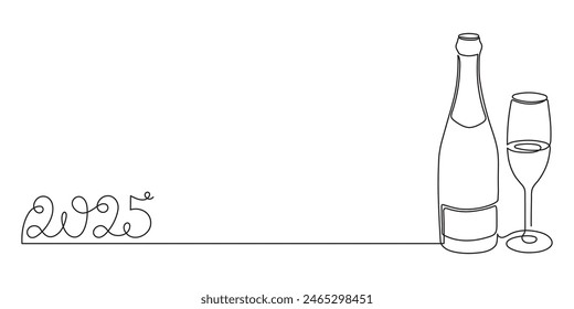 Champagne bottle and glass, celebrating 2025 new year,one line art,continuous drawing contour.Cheers toast,festive hand drawn holiday decoration,simple minimalist design.Editable stroke.Isolated.