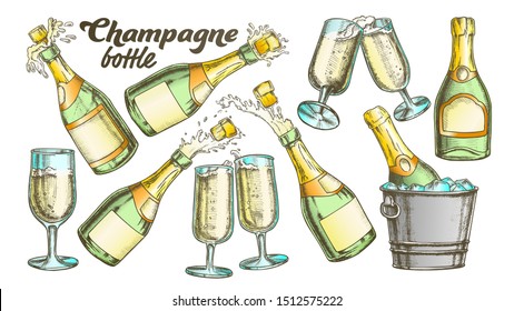 Champagne Bottle And Glass Color Set Vector. Collection Of Sparkling Winery Alcoholic Champagne And Glassware. Beverage Engraving Template Designed In Vintage Style Illustrations