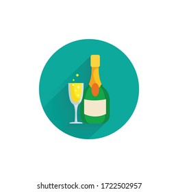 Champagne bottle with glass colorful flat icon with long shadow. Champagne flat icon