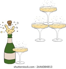 Champagne bottle and glass composition set. Vector graphic line ink illustration. Silhouette sign for logo, print, comics, fashion, pop art, boards, design, stickers, decoration, posters
