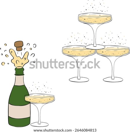 Champagne bottle and glass composition set. Vector graphic line ink illustration. Silhouette sign for logo, print, comics, fashion, pop art, boards, design, stickers, decoration, posters
