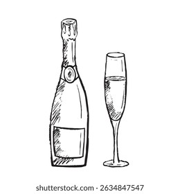 Champagne bottle with glass as a concept of celebrating, new year, birthday in black brush stroke texture isolated on white. Hand drawn vector sketch illustration in vintage charcoal ink