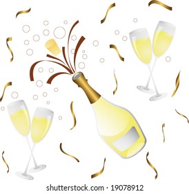 champagne bottle and glass with confetti