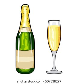 Champagne bottle and glass of champagne. Design element champagne. Cartoon style. Hand drawing champagne. Vector illustration champagne. Happy New Year. Merry Christmas. Holidays design element.