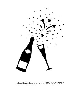Champagne bottle and glass fireworks cheers icon vector illustration set. Anniversary birthday Christmas Eve New Year happy event celebration silhouette pictogram on white