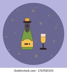 Champagne bottle with glass, flat design modern vector illustration.
