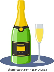 Champagne bottle with glass, flat design modern vector illustration. Unopened champagne bottle. Vector icon. Cheers. Celebration. Holiday toast. Flat illustration