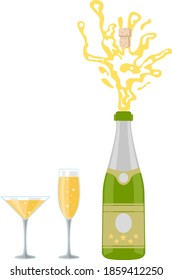 Champagne bottle with glass, flat design modern vector illustration. Unopened champagne bottle. Vector icon. Cheers. Celebration. Holiday toast. Flat illustration