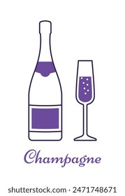 Champagne bottle and glass in flat design. Outline violet alcoholic drinks with wineglasses. Linear icons beverages isolated on white background. Thin line graphics. Vector illustration.