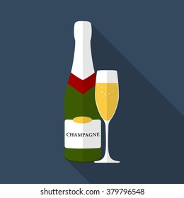 Champagne bottle with glass, flat design modern vector illustration.