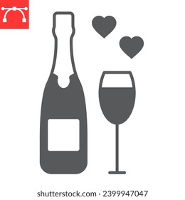 Champagne bottle with glass glyph icon, valentines day and beverage, champagne vector icon, vector graphics, editable stroke solid sign, eps 10.