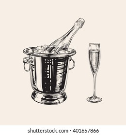 Champagne Bottle And Glass Hand Drawing Vector Illustration Bubbles. Alcoholic Drink. 