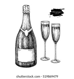 Champagne Bottle And Glass. Hand Drawn Isolated Vector Illustration. Alcohol Drink In Engraved Style. Vintage Beverage Sketch. Great For Bar And Restaurant Menu, Poster, Banner. Celebration Concept