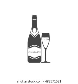 Champagne bottle and champagne glass icon vector isolated on white background. Alcohol celebration wine champagne bottle. Holiday gold glass new year party beverage champagne romantic drink bottle.