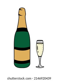 Champagne bottle with glass isolated on white background. Champagne bottle and glass template. Sticker, sticker. Vector illustration in contour style