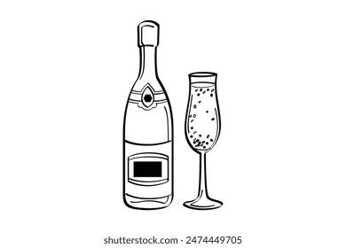 Champagne Bottle with Glass on Sketch Vector Illustration