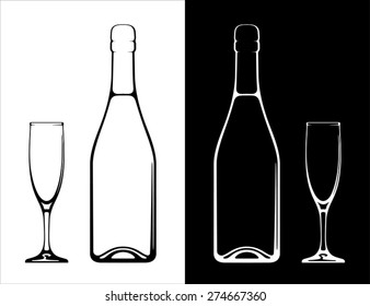 Champagne bottle and glass on white and black background.