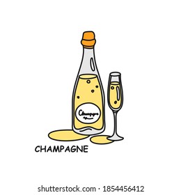 Champagne Bottle And Glass Outline Icon On White Background. Colored Cartoon Sketch Graphic Design. Doodle Style. Hand Drawn Image. Party Drinks Concept. Freehand Drawing Style. Vector.
