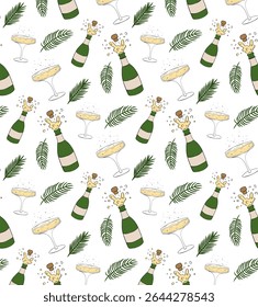 Champagne bottle, glass, pine tree branch winter Seamless pattern. Vector graphic line ink illustration. Perfect for cards, decorations, stickers, logo, menu, various designs.
