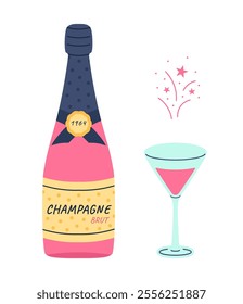 Champagne bottle and glass. Pink beverage doodle style. New year festive holiday drink. Alcoholic grape contemporary party object. Sparkling cheers. Vector cartoon flat isolated trendy illustration