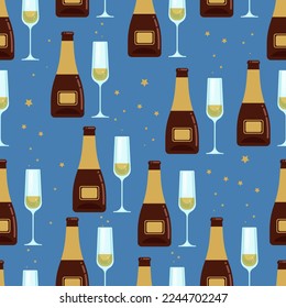 Champagne bottle and glass seamless pattern, Vector background with stars and alcohol.