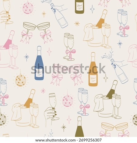 Champagne bottle glass seamless pattern. Boho pastel colored champagne wine party event wallpaper.