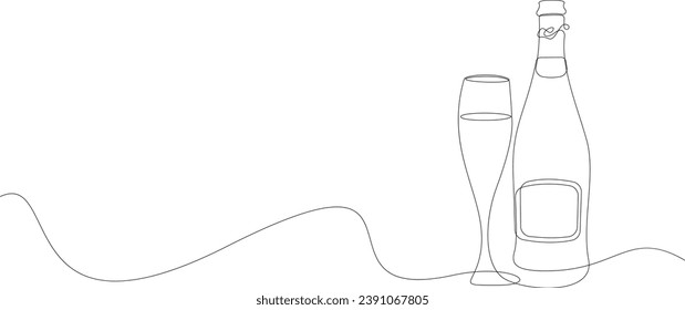Champagne bottle and glass single continuous line drawing. Cheers toast one line art. Contour festive decoration for holidays, Valentines Day or New Year design.