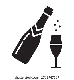 Botella de champán con icono de vidrio sólido – celebración y Ilustración vectorial de fiesta de Año Nuevo