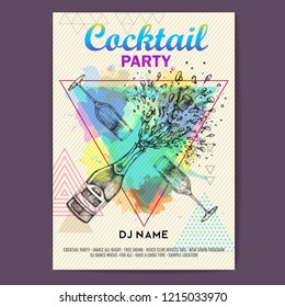 Champagne bottle and glass with splash on artistic polygon watercolor background. Cocktail disco party poster